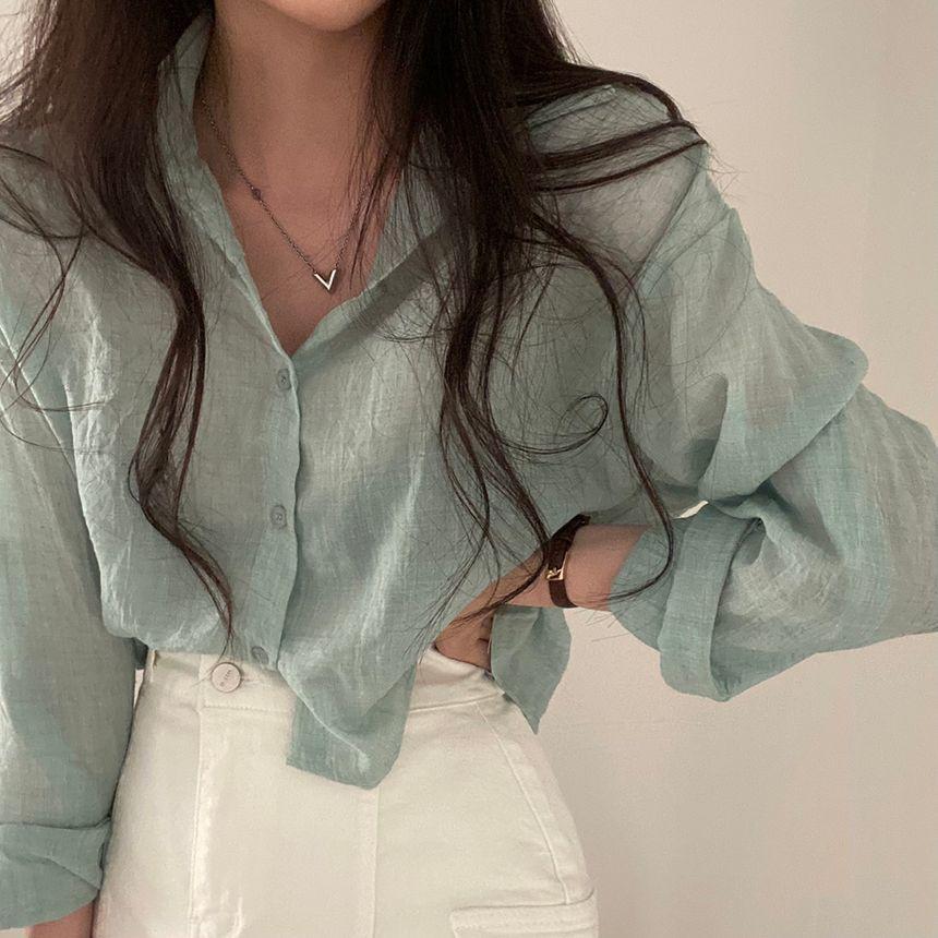 Long-Sleeve Sheer Cropped Shirt Product Image