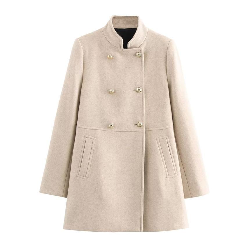 Stand Collar Plain Long Double-Breasted Coat Product Image