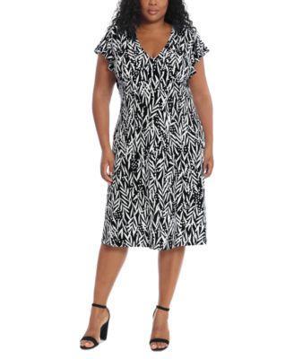 London Times Plus Size Fern Dot Print Matte Jersey V-Neck Flutter Short Sleeve A-Line Machine Washable Midi Dress Product Image