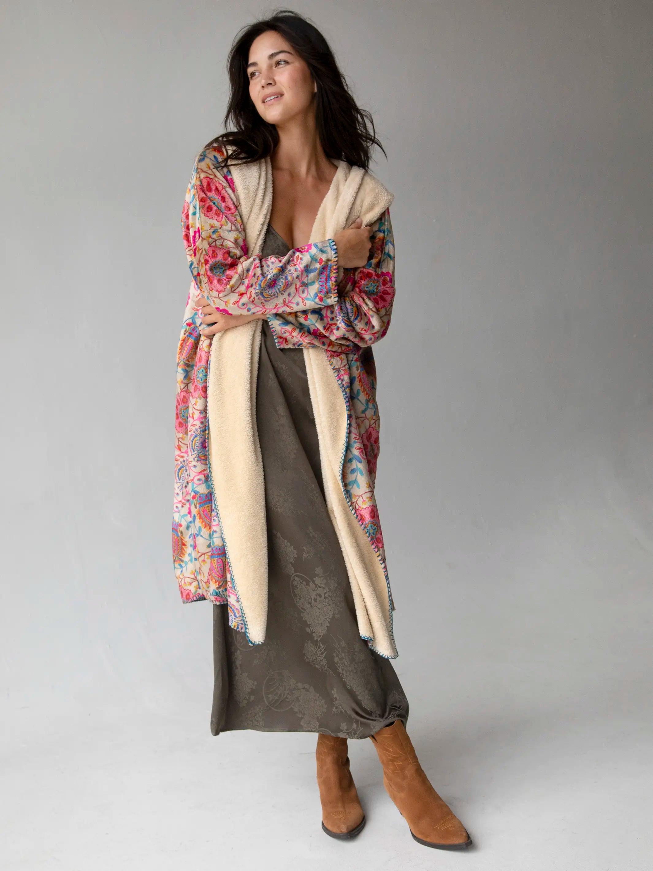 Cozy Blanket Kimono - Cream Printed Folk Circles Long Length Product Image