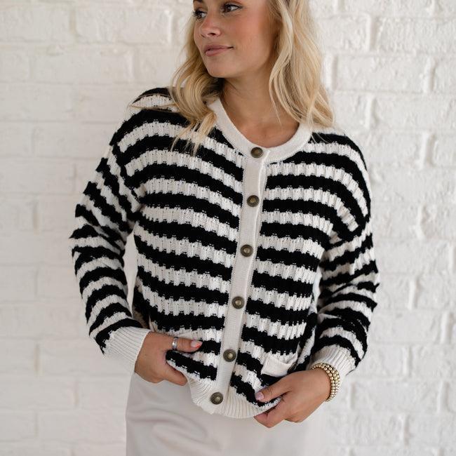 Just Say When Black and Ivory Striped Textured Cardigan Product Image