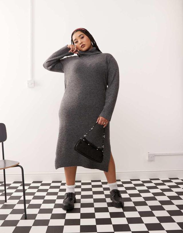 Noisy May Curve high neck knit midi sweater dress in gray Product Image