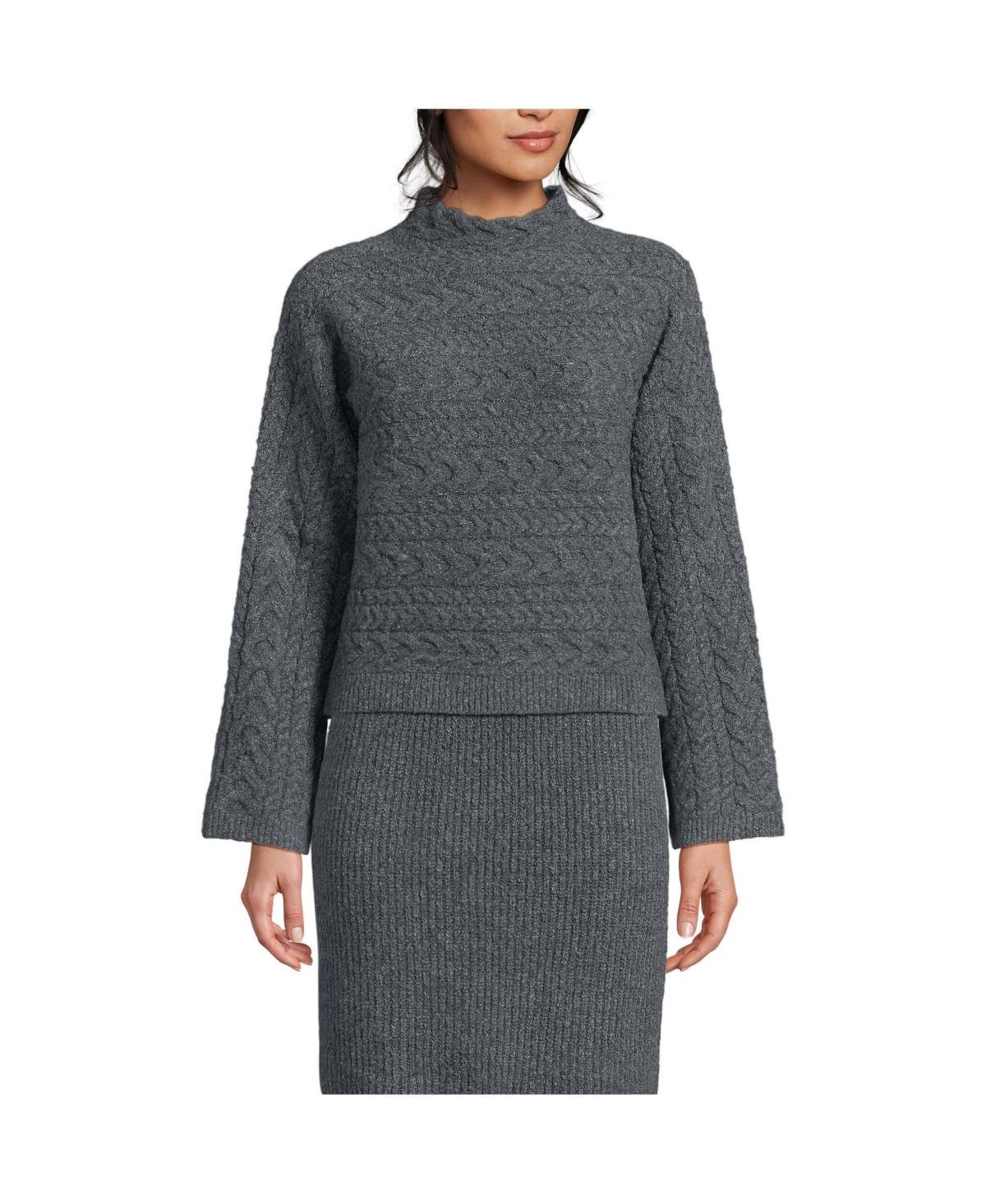 Womens Lands End Boucle Funnel Neck Cable Knit Sweater Grey Heather product image