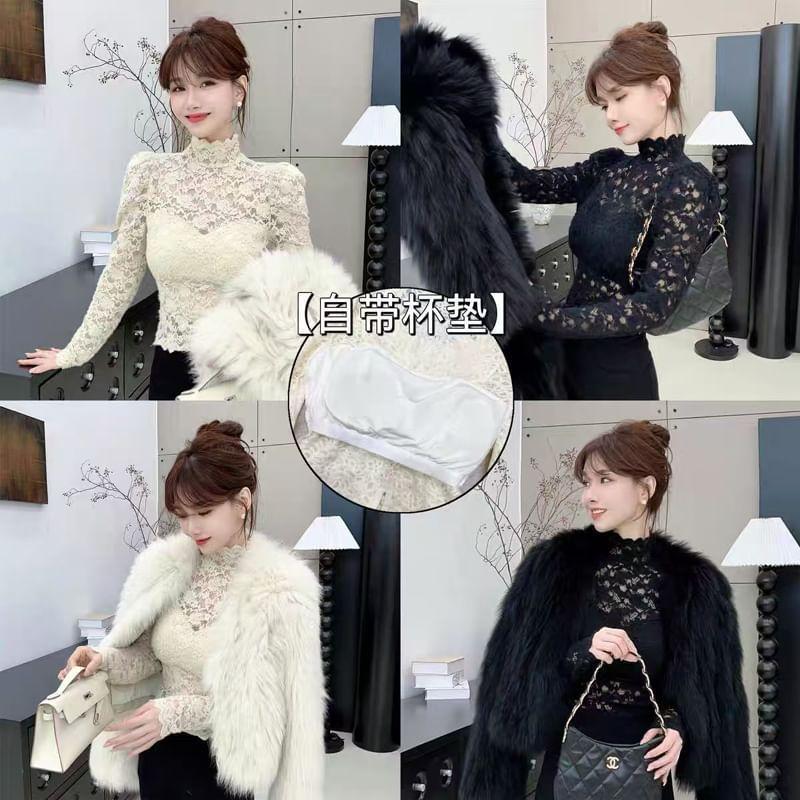 Long-Sleeve Mock Neck Padded Lace Crop Top Product Image