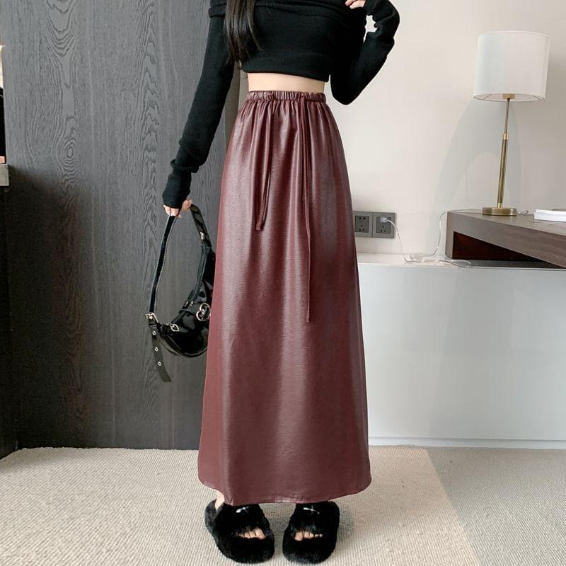 Drawstring Waist Plain Faux Leather Midi A-Line Skirt product image