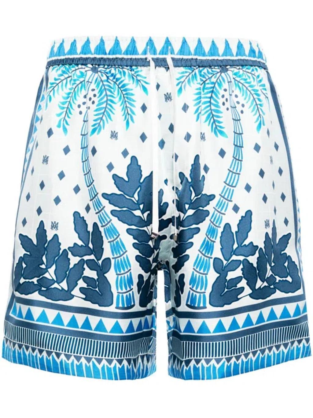 Graphic-print Silk Shorts In Blue Product Image