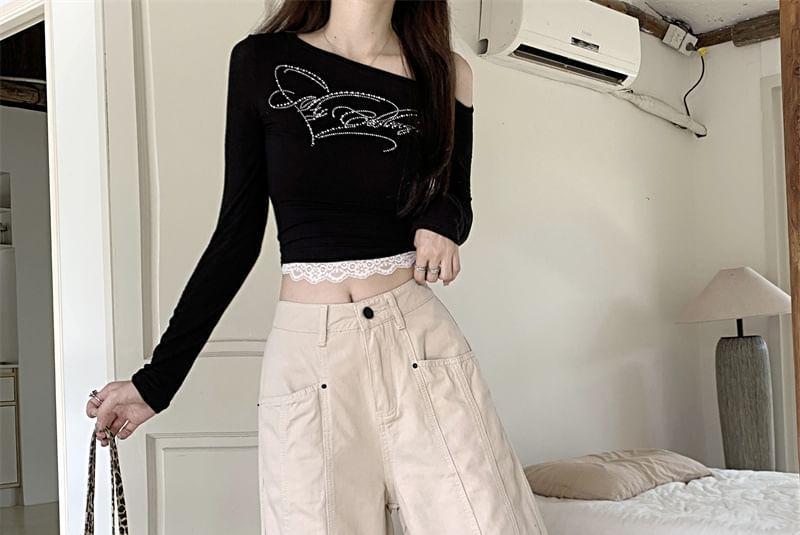 Mid Waist Plain Washed Wide Leg Jeans Product Image