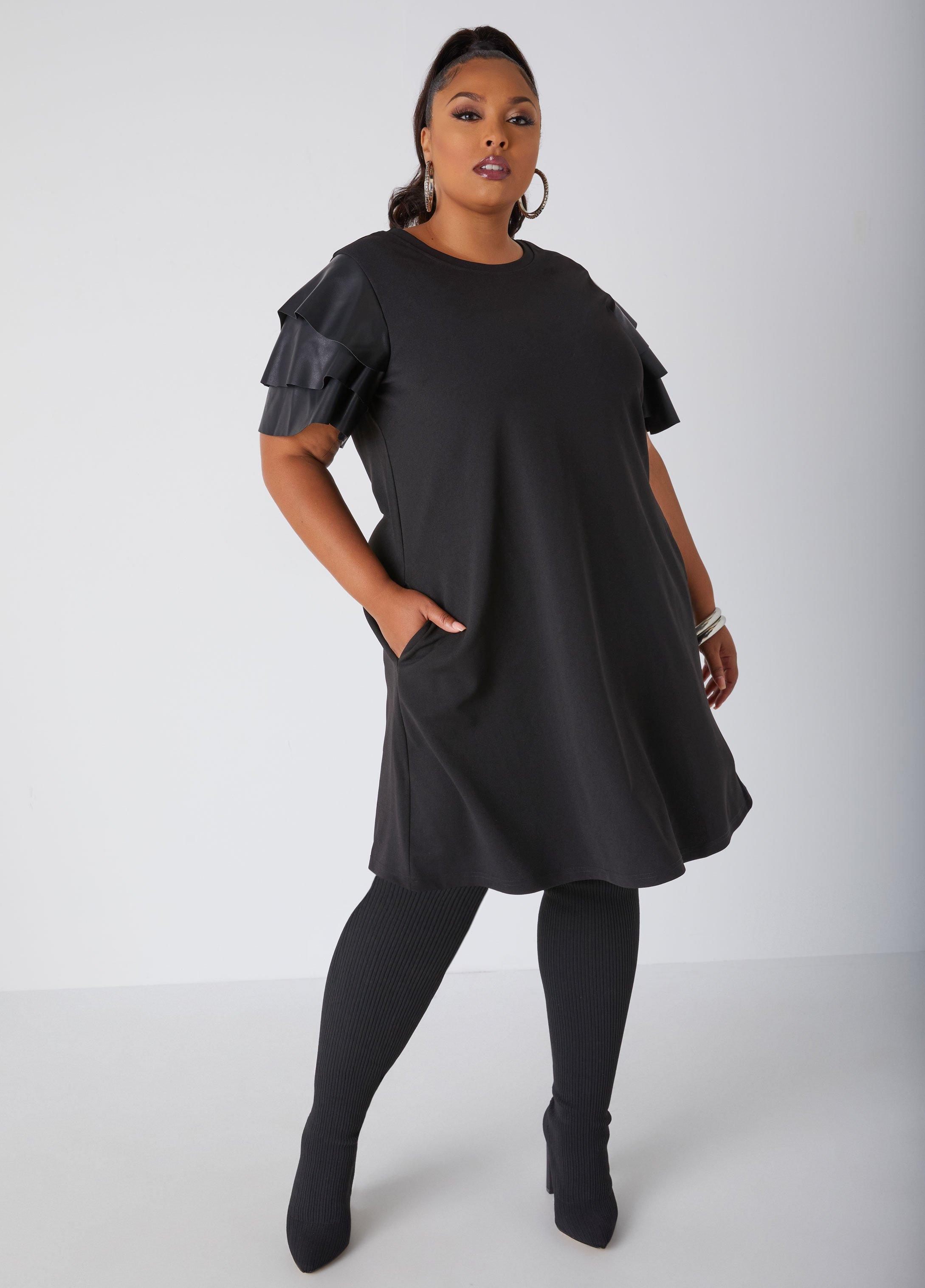 Plus Size Ruffled Faux Leather Paneled Dress Ashley Stewart product image