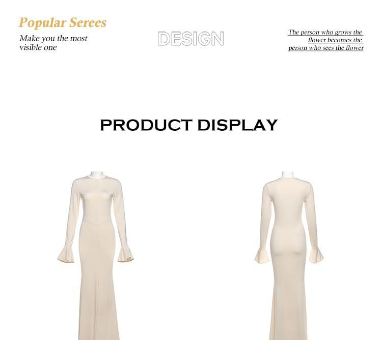 Flared-Sleeve Crew Neck Plain Maxi Sheath Dress Product Image