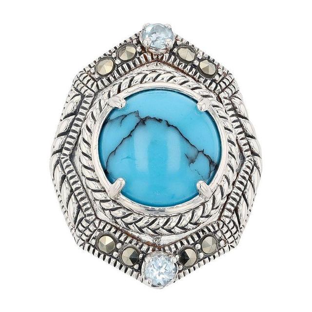 Lavish by TJM Sterling Silver Round Simulated Turquoise Sky Blue Topaz & Marcasite Dome Ring, Womens Product Image