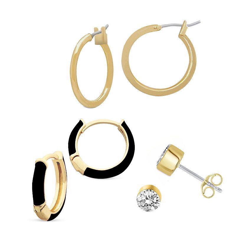 Royal Aura Black Enamel & Gold Tone Hoop & Stud Earring Trio Set, Womens, Gold Tone Black Product Image