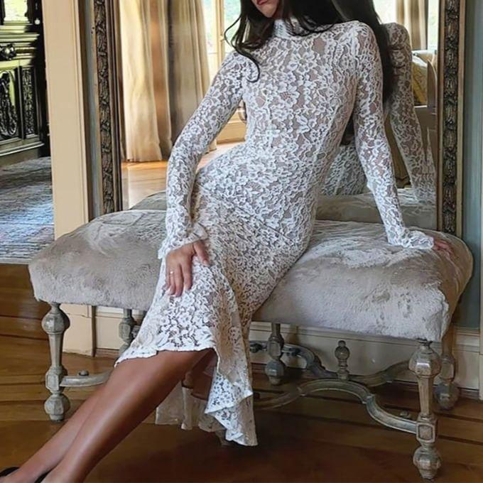 Long Sleeve Mock Neck Lace Overlay Midi Mermaid Dress Product Image