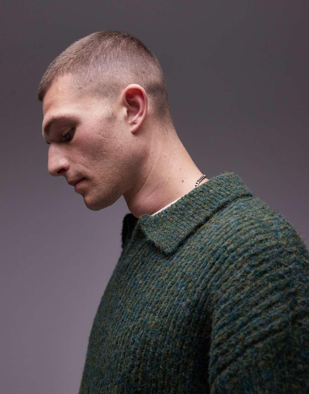 Topman relaxed open collar sweater in khaki Product Image