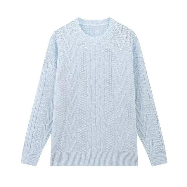 Round Neck Plain Cable Knit Sweater Product Image