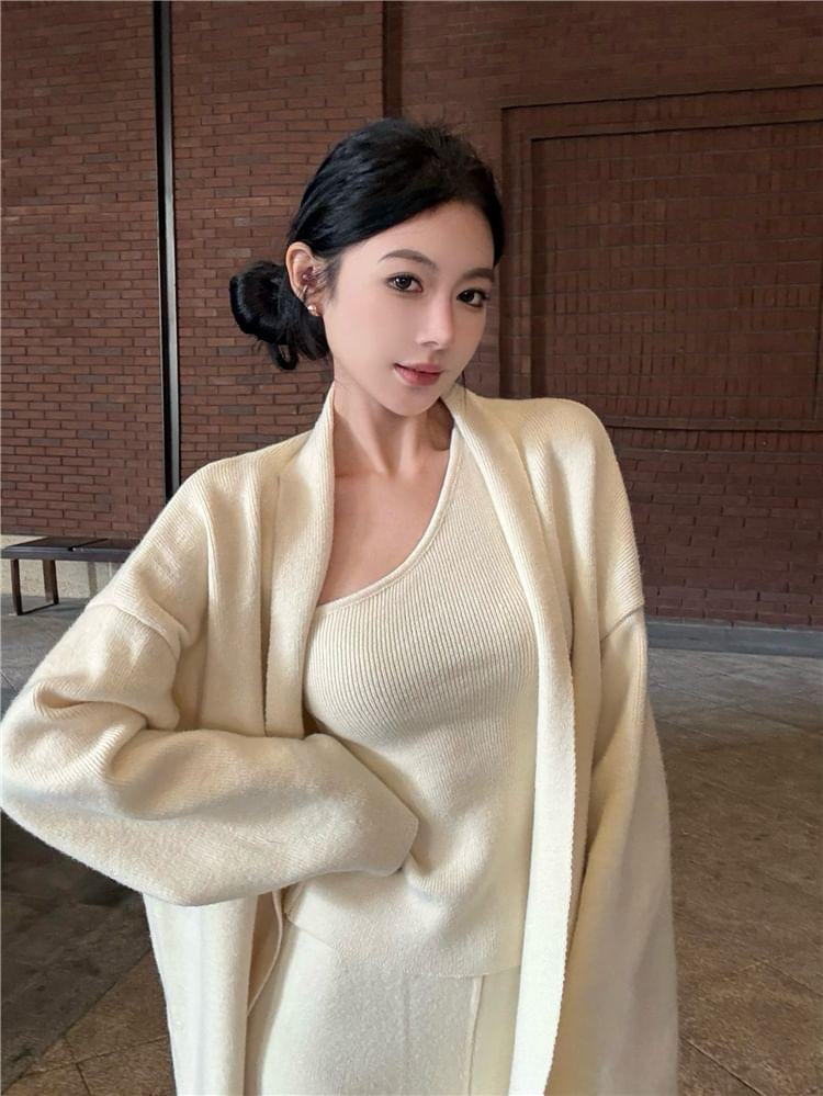 One-Shoulder Plain Ribbed Knit Tank Top / Open Front Cardigan / Elastic Waist Wide Leg Pants Product Image