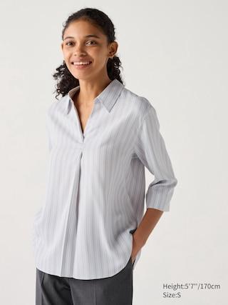 Womens Rayon Skipper Collar Blouse 3/4 Sleeve Light Gray Large UNIQLO US Product Image