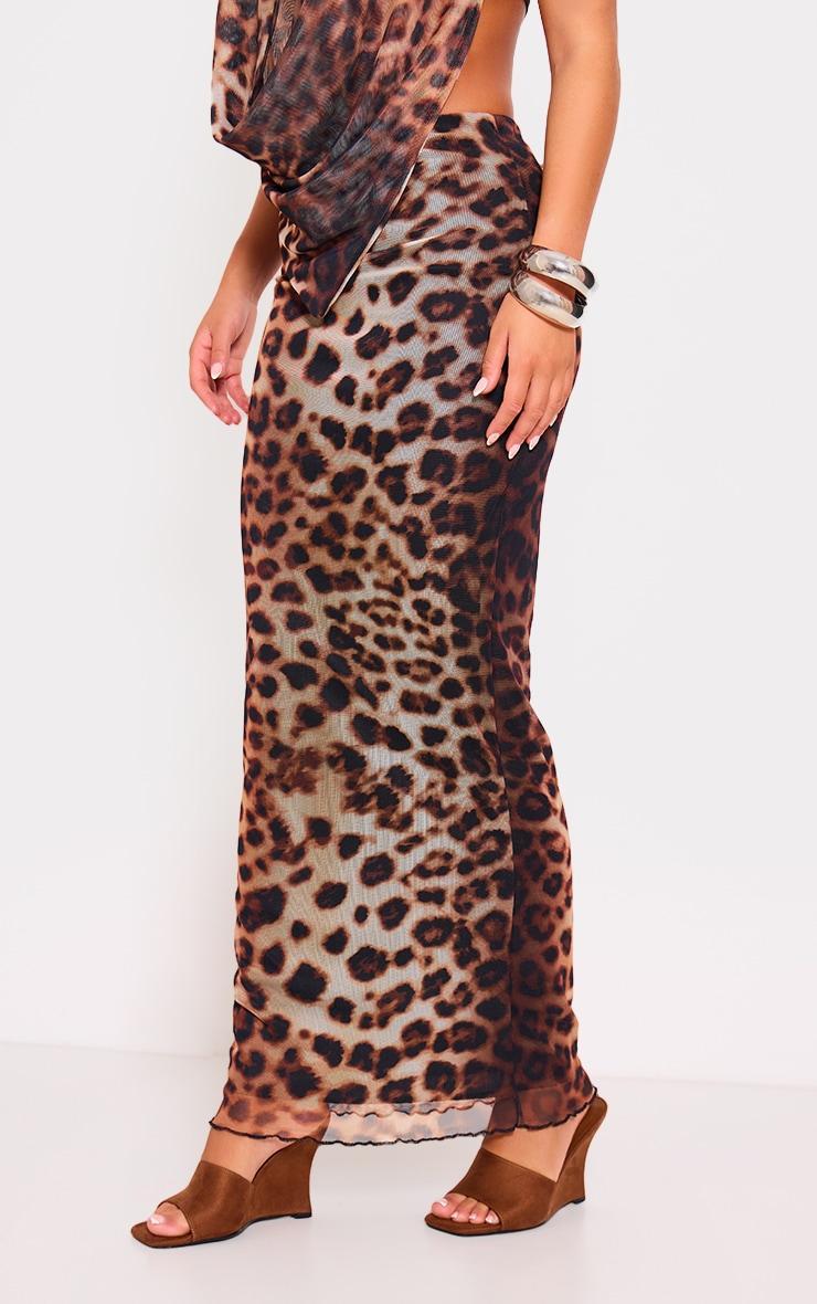 Brown Leopard Print Mesh Low Rise Maxi Skirt Product Image