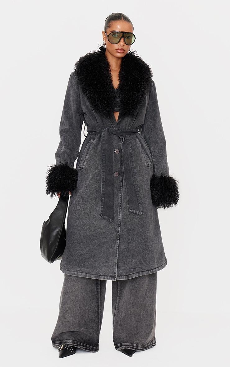 Washed Grey Faux Fur Trim Belted Trench Coat Product Image