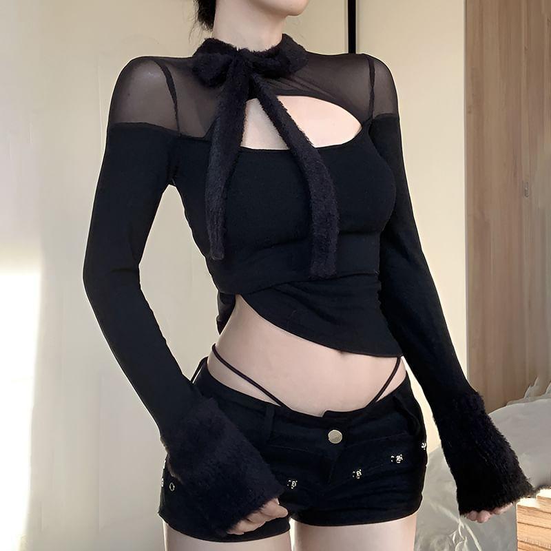 Long-Sleeve Cutout Mesh Crop Knit Top product image