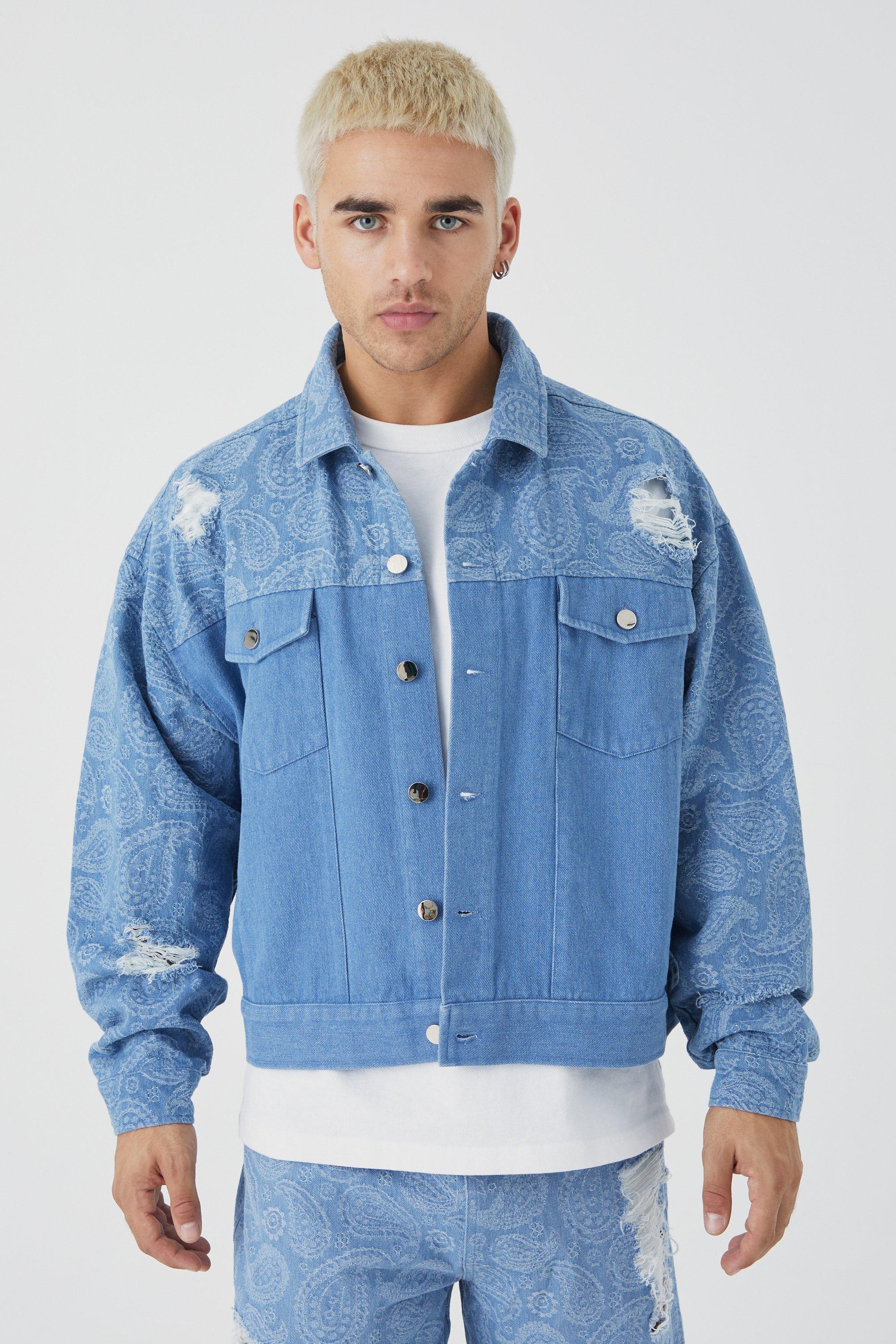 Boxy Fit Paisley Spliced Jean Jacket | boohooMAN USA Product Image