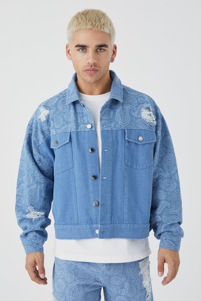 Boxy Fit Paisley Spliced Denim Jacket | boohooMAN USA Product Image