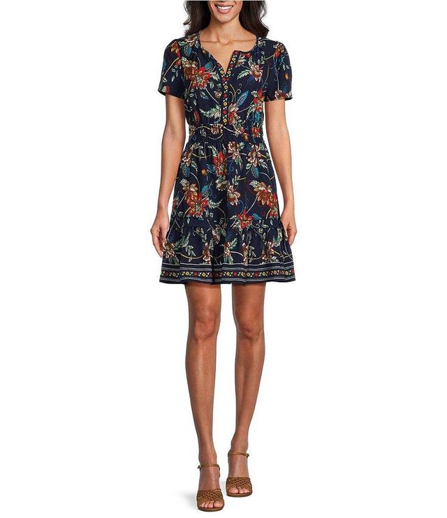 Leslie Fay Short Sleeve Split V-Neck Floral Fit and Flare Dress Product Image