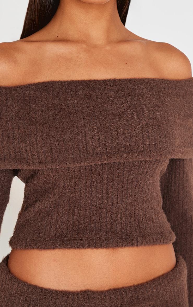 Chocolate Textured Soft Rib Fold Over Bardot Long Sleeve Long Top Product Image