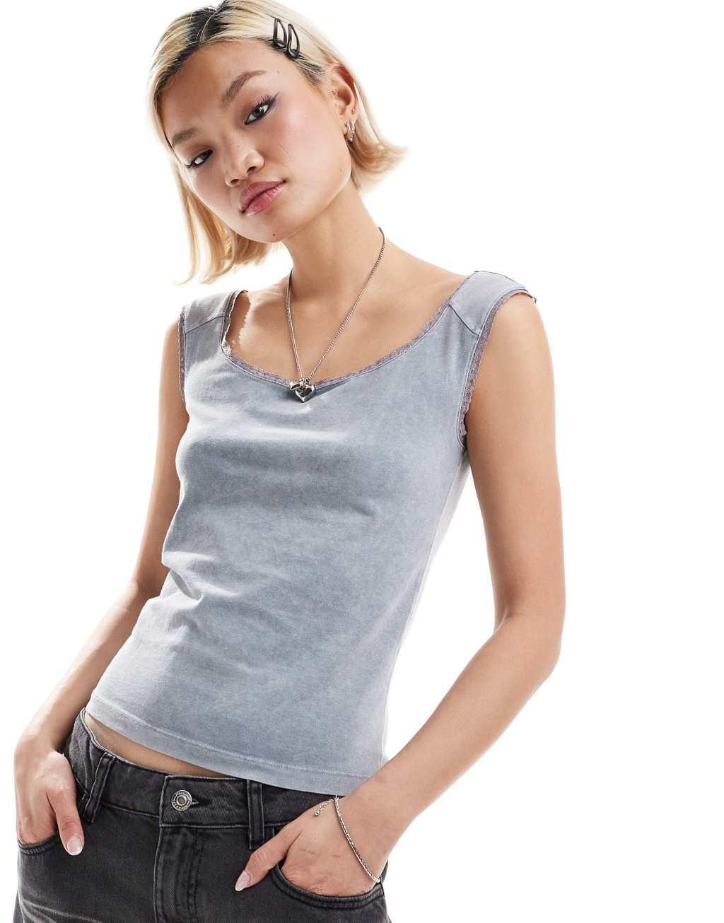 COLLUSION bardot washed top in gray Product Image