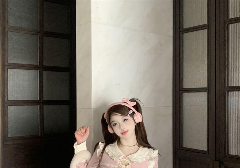 Long-Sleeve Collared Bear Print Ruffle Cutout Tie Front Blouse / High Waist Plain Tiered Mini A-Line Skirt Product Image