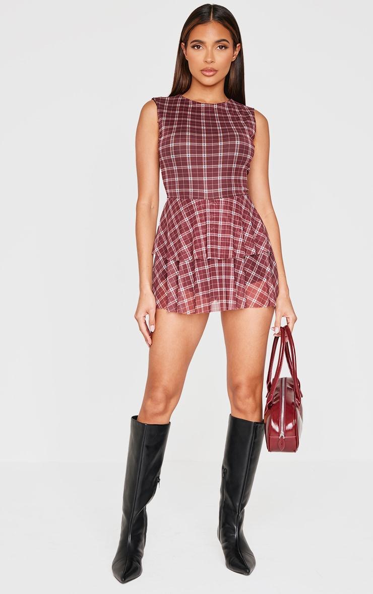 Burgundy Gingham Print Mesh Rara Skort Romper Product Image