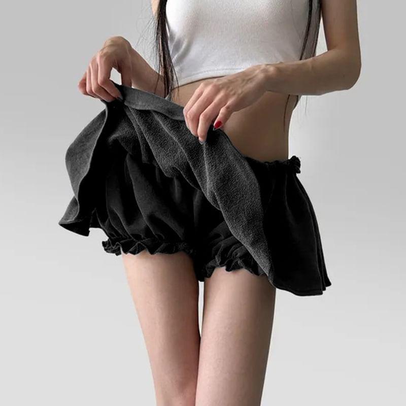 Low Waist Ruffled-Trim Plain Mini A-Line Skirt Product Image