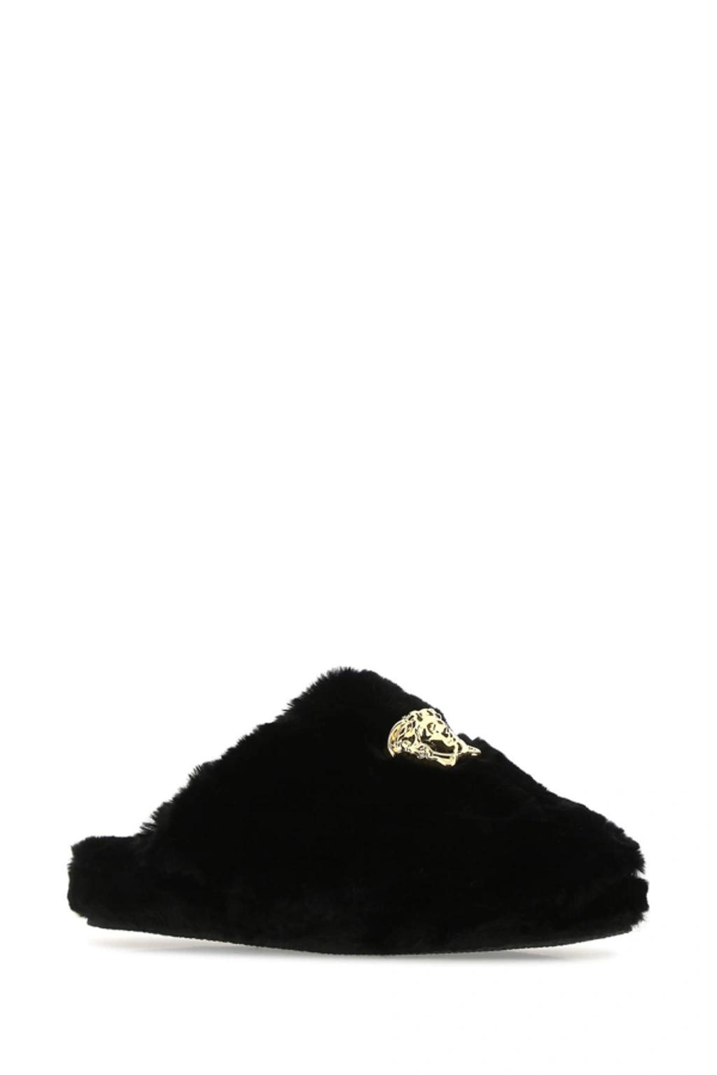 Medusa Plaque Fur Slippers In Black Product Image