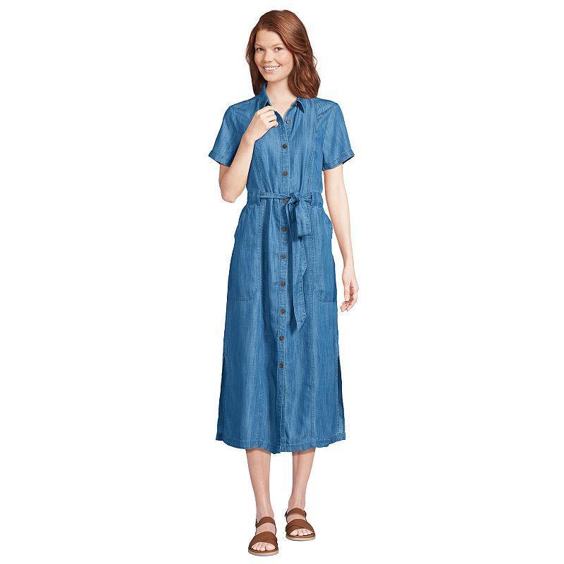 Womens Lands End Button-Front Midi Dress Soft Blue Product Image