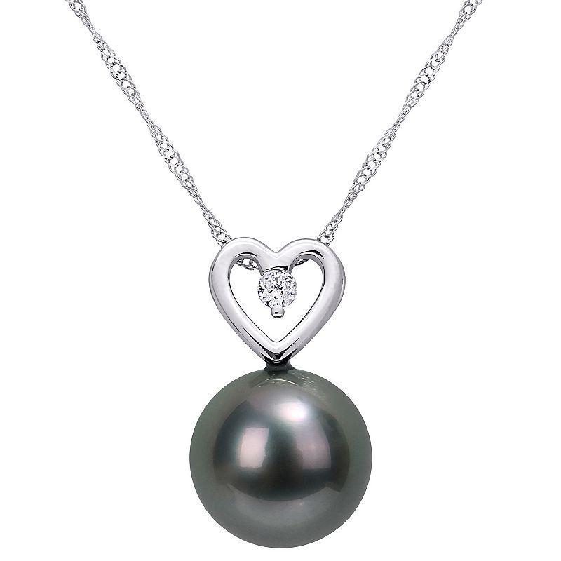 Stella Grace 10k White Gold Tahitian Cultured Pearl & Diamond Accent Heart Drop Pendant Necklace, Womens Black Product Image