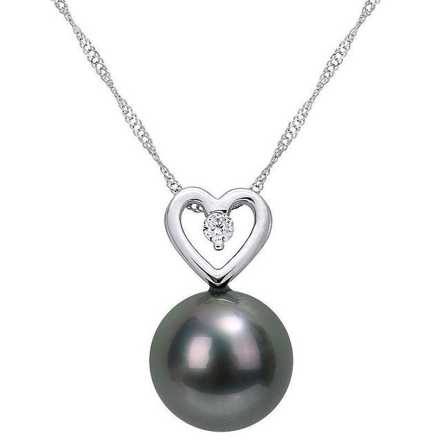 Stella Grace 10k White Gold Tahitian Cultured Pearl & Diamond Accent Heart Drop Pendant Necklace, Womens Black Product Image