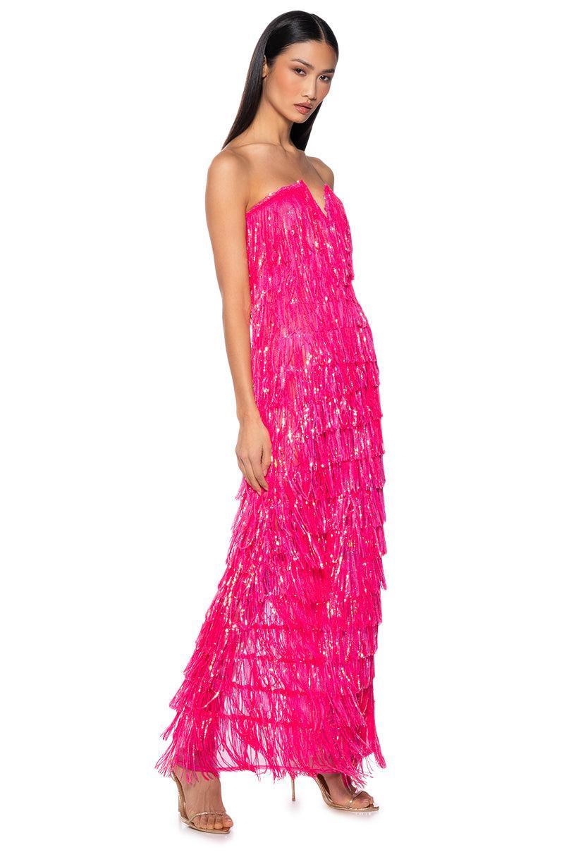 TOP OF THE WORLD STRAPLESS SEQUIN FRINGE MAXI DRESS IN FUCHSIA Product Image