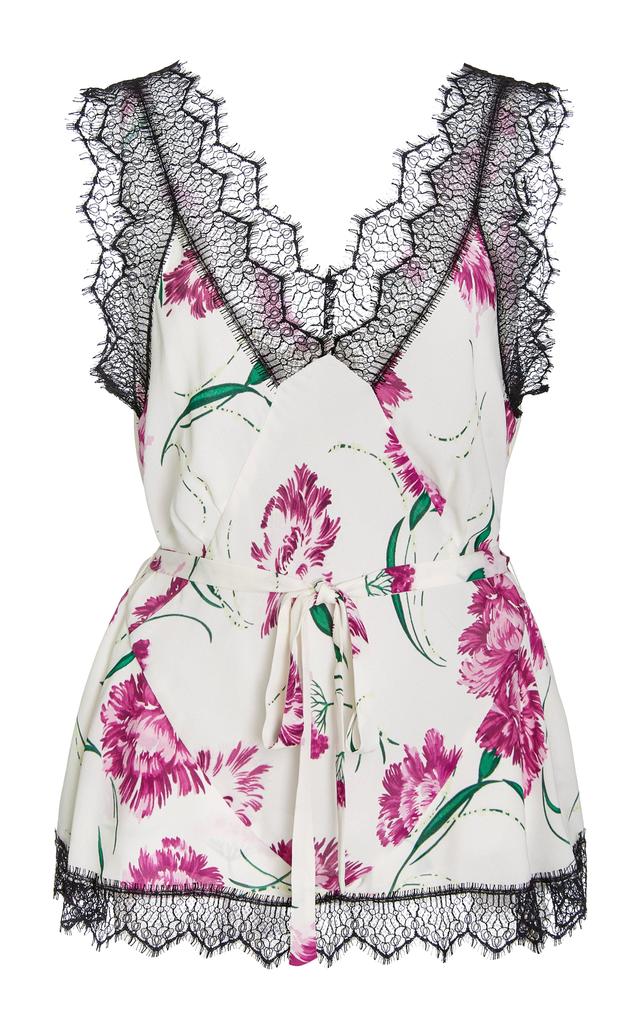 White And Fuchsia Floral Silk Camisole With Lace Detail Product Image