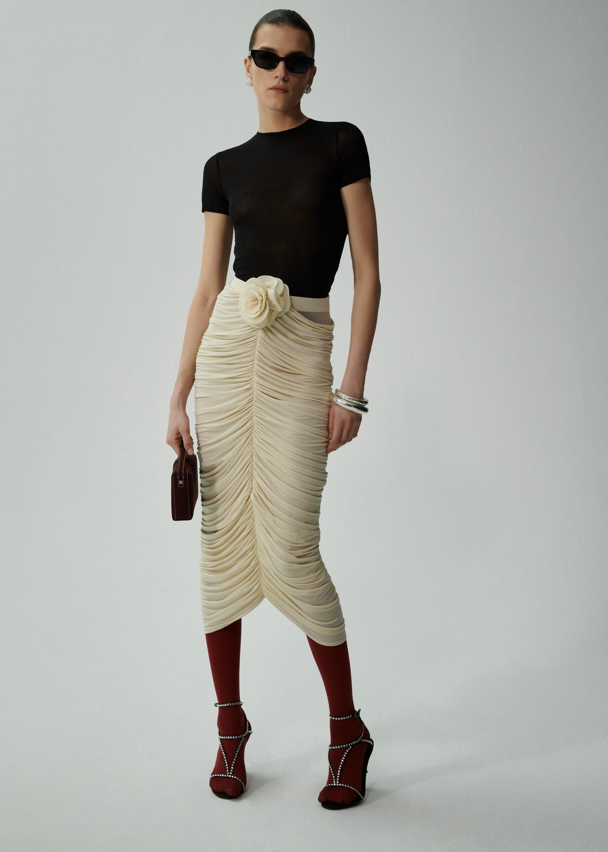 Ruched rose appliqué midi skirt in beige Product Image