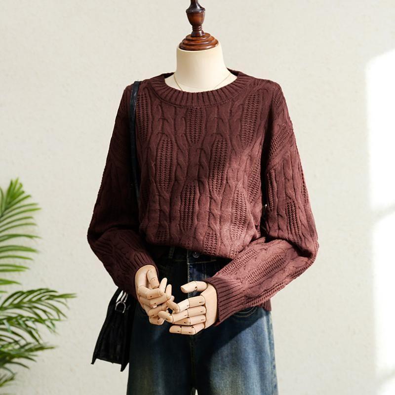 Crew Neck Plain Cable Knit Sweater Product Image