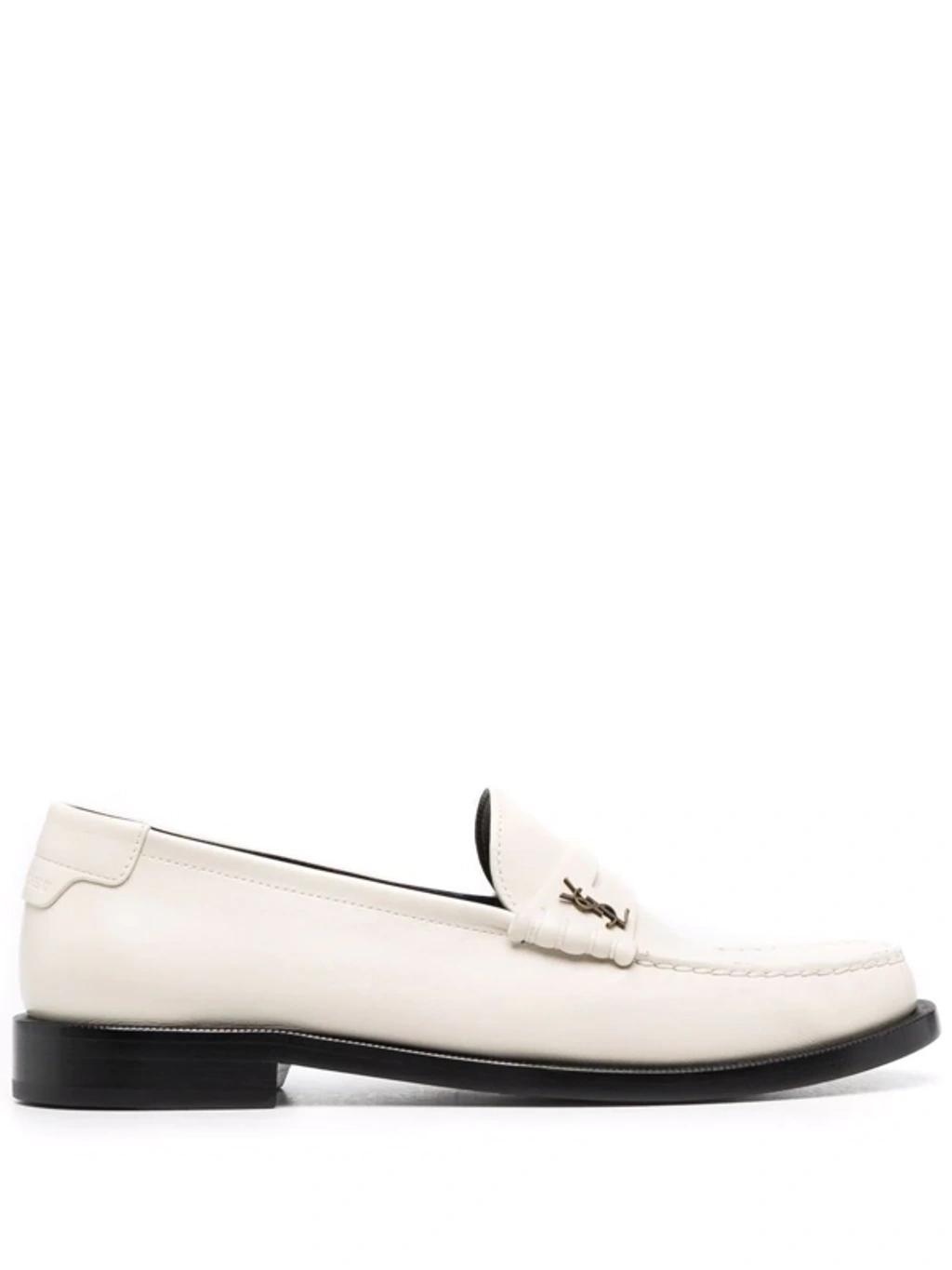 SAINT LAURENT Monogram-plaque Slip-on Loafers In Pearl Product Image