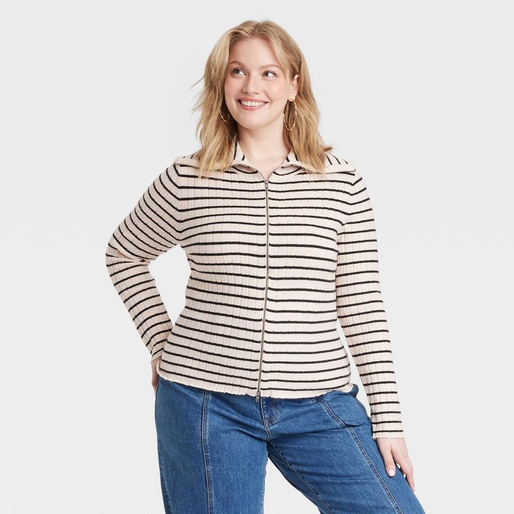 Womens Fine Gauge Double Zip Sweater - Universal Thread White/Black Striped 3X Product Image