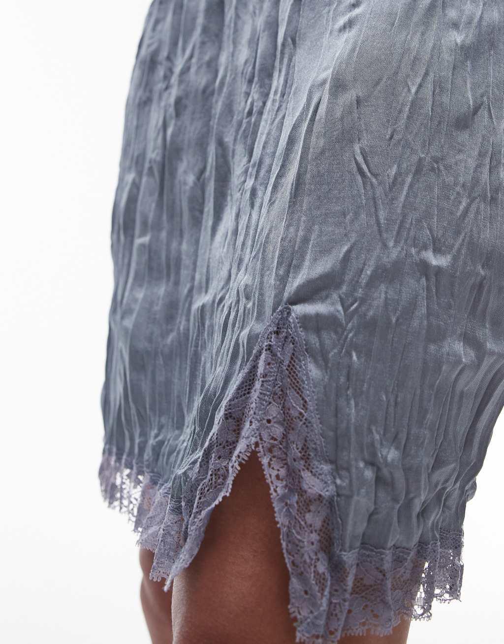 Topshop crinkle mini skirt with lingerie trim and lace split in airforce blue Product Image