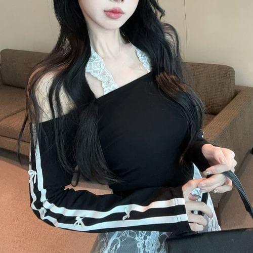 Long-Sleeve Striped Piping Crop Tee / Halter Neck Lace Top Product Image