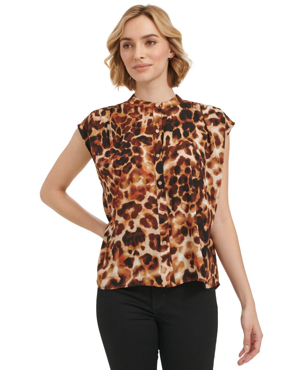 Calvin Klein Womens Short-Sleeve Printed Button Front Shirt Product Image