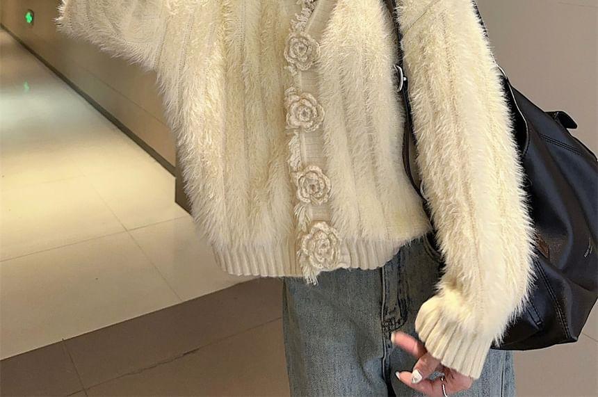 V-Neck Plain Fluffy Flower Accent Cardigan Product Image