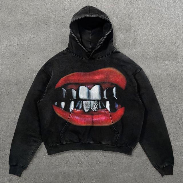 Sopula Street Lip Teeth Graphic Acid Washed Oversized Hoodie Product Image