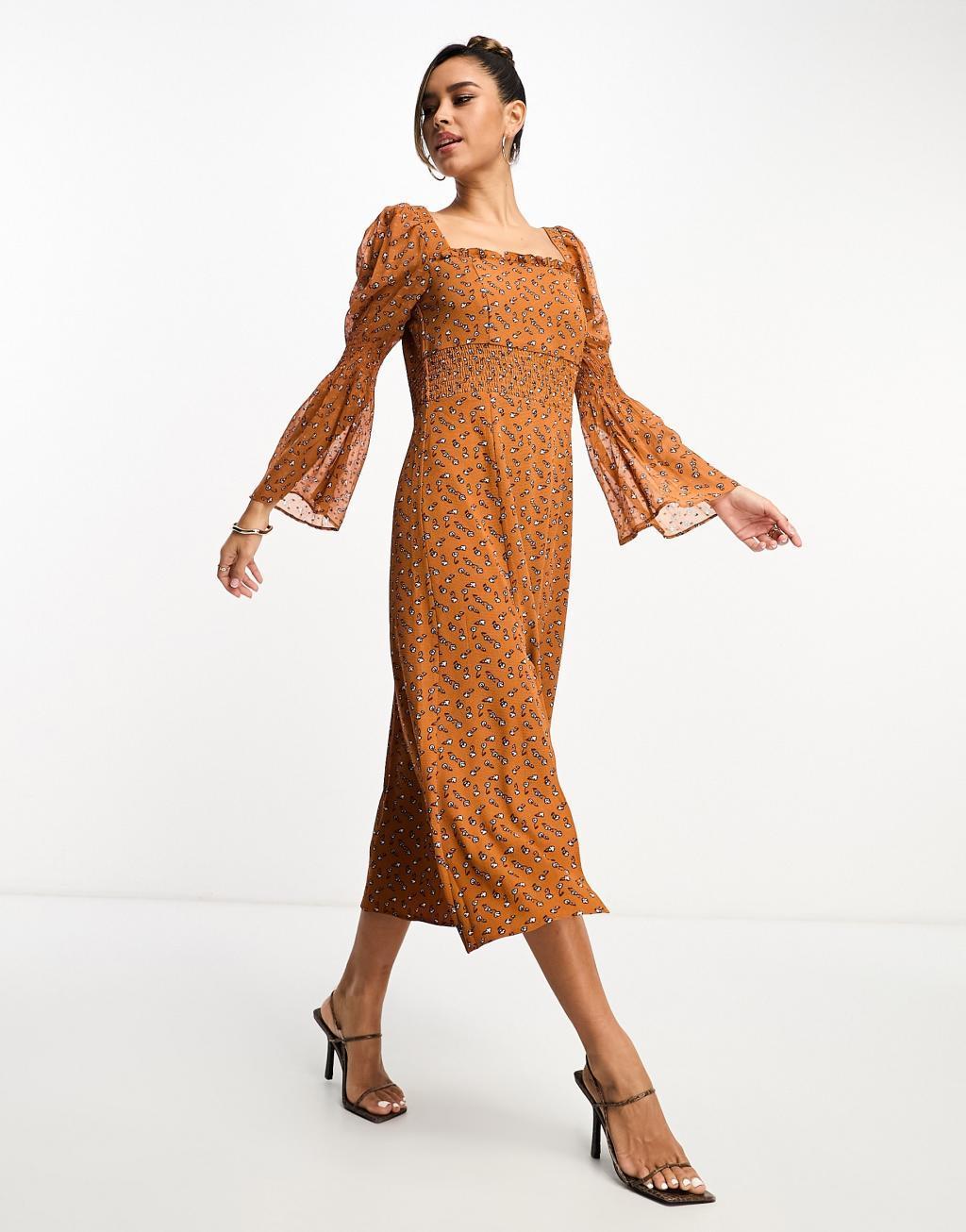 French Connection long sleeve maxi dress in brown floral Product Image