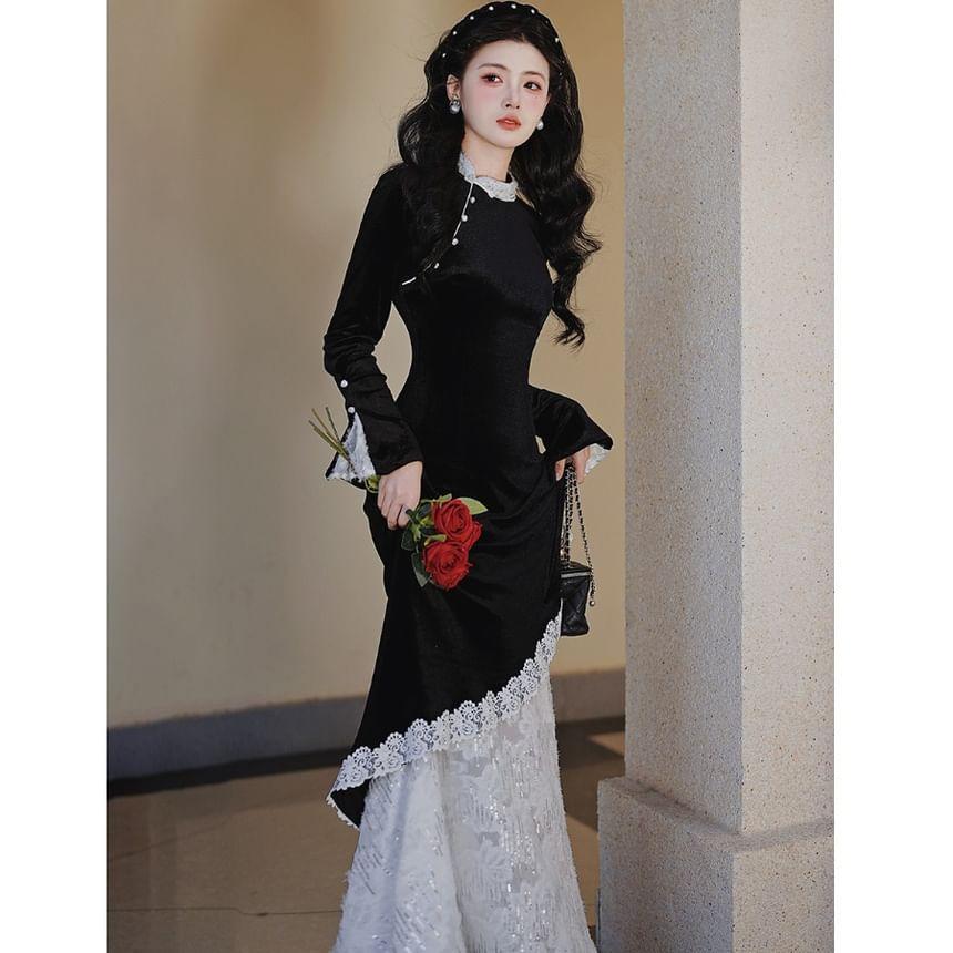 Long-Sleeve Stand Collar Asymmetrical Lace Panel Velvet Maxi A-Line Dress Product Image