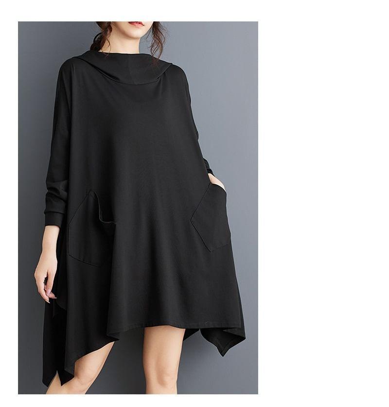 Plain Asymmetrical A-Line Hoodie Dress Product Image