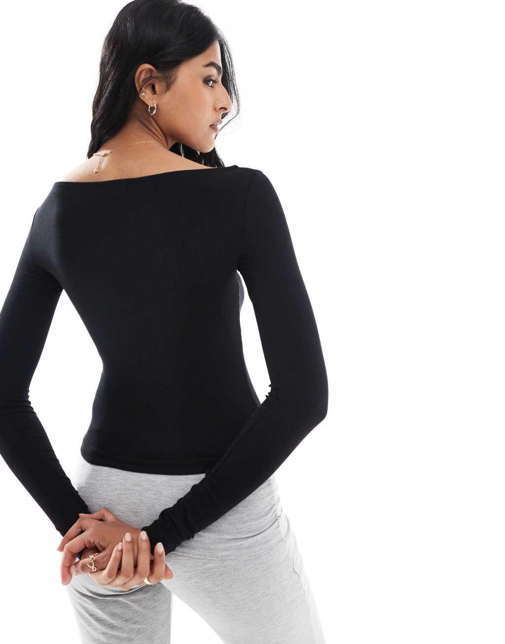 Cotton On staple rib boat neck long sleeve top in black Product Image